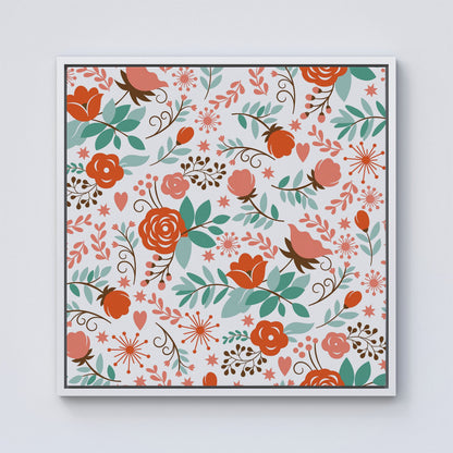 Orange Floral Pattern Framed Canvas