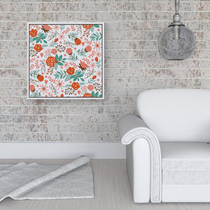 Orange Floral Pattern Framed Canvas