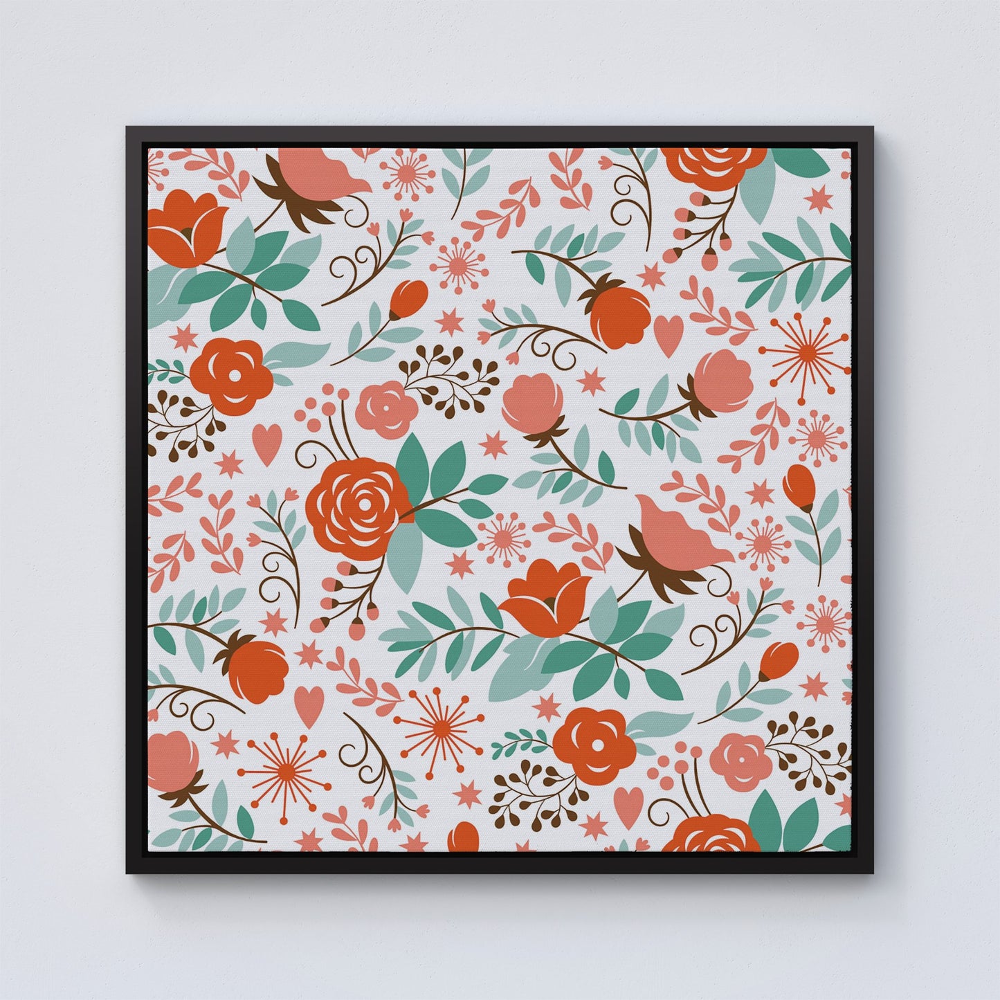 Orange Floral Pattern Framed Canvas