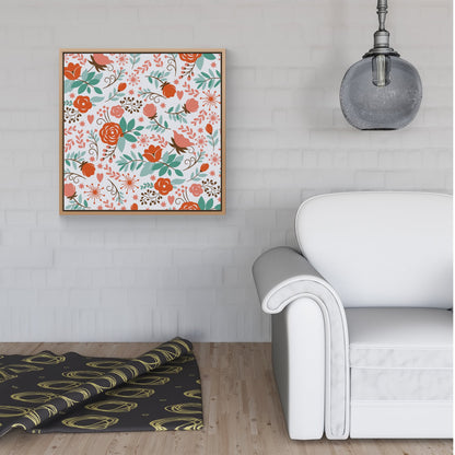 Orange Floral Pattern Framed Canvas