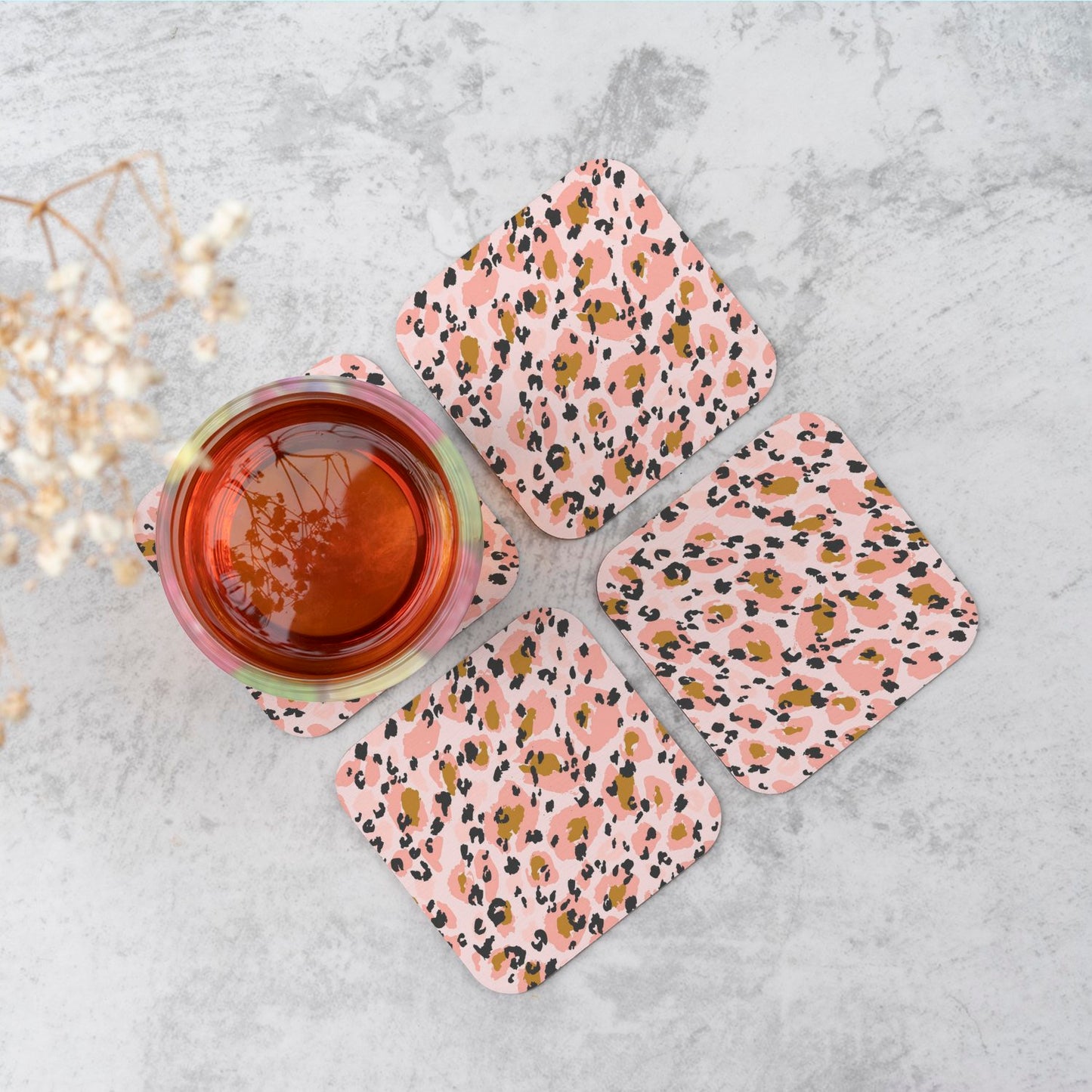 Hand Drawn Pink Leopard Print Coasters