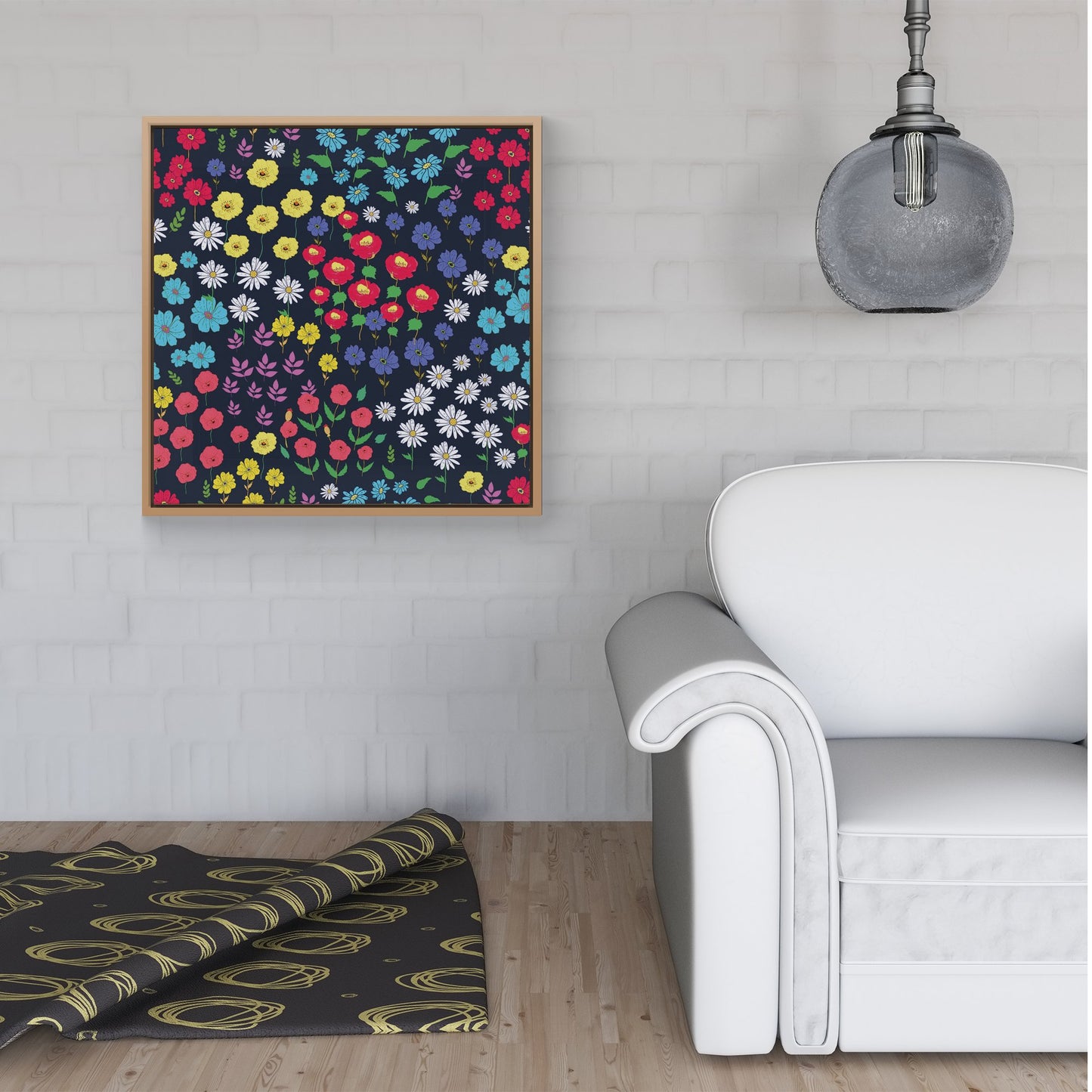 Multicoloured Flower Pattern Framed Canvas