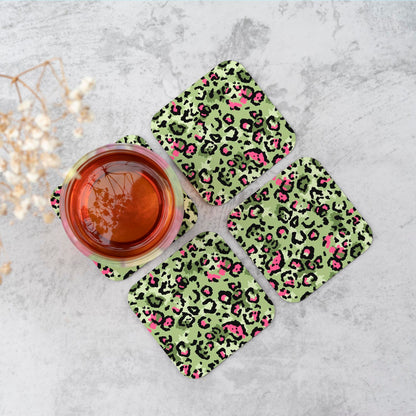 Green And Pink Leopard Print Coasters