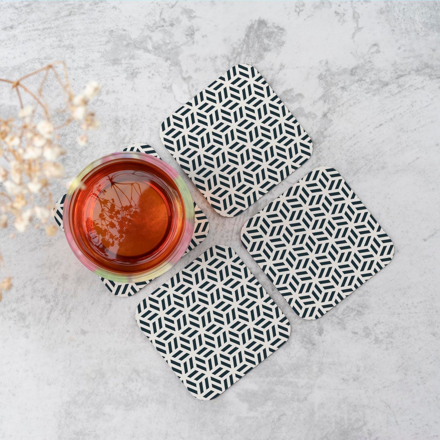 Geometric Monochrome Hexagonal Pattern Coasters