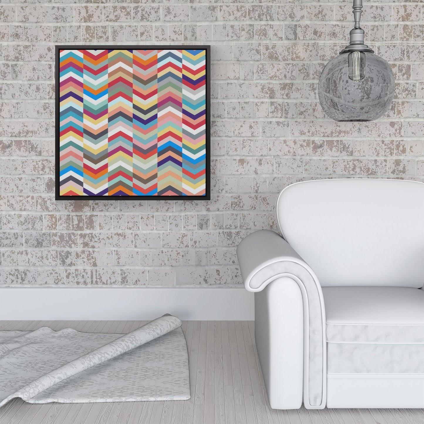 Geometric Multi Colored Chevron Pattern Framed Canvas