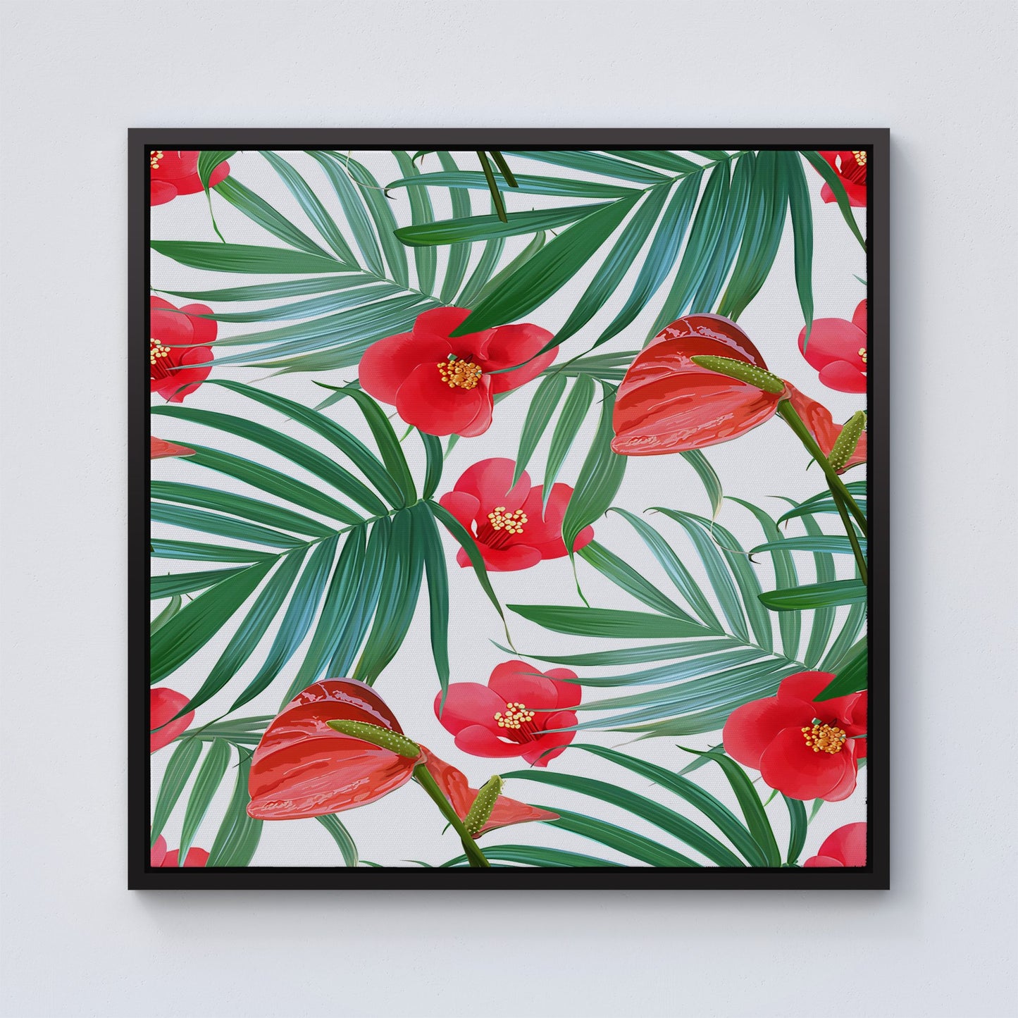 Tropical Flowers And Palm Leaves Hawaiian Framed Canvas