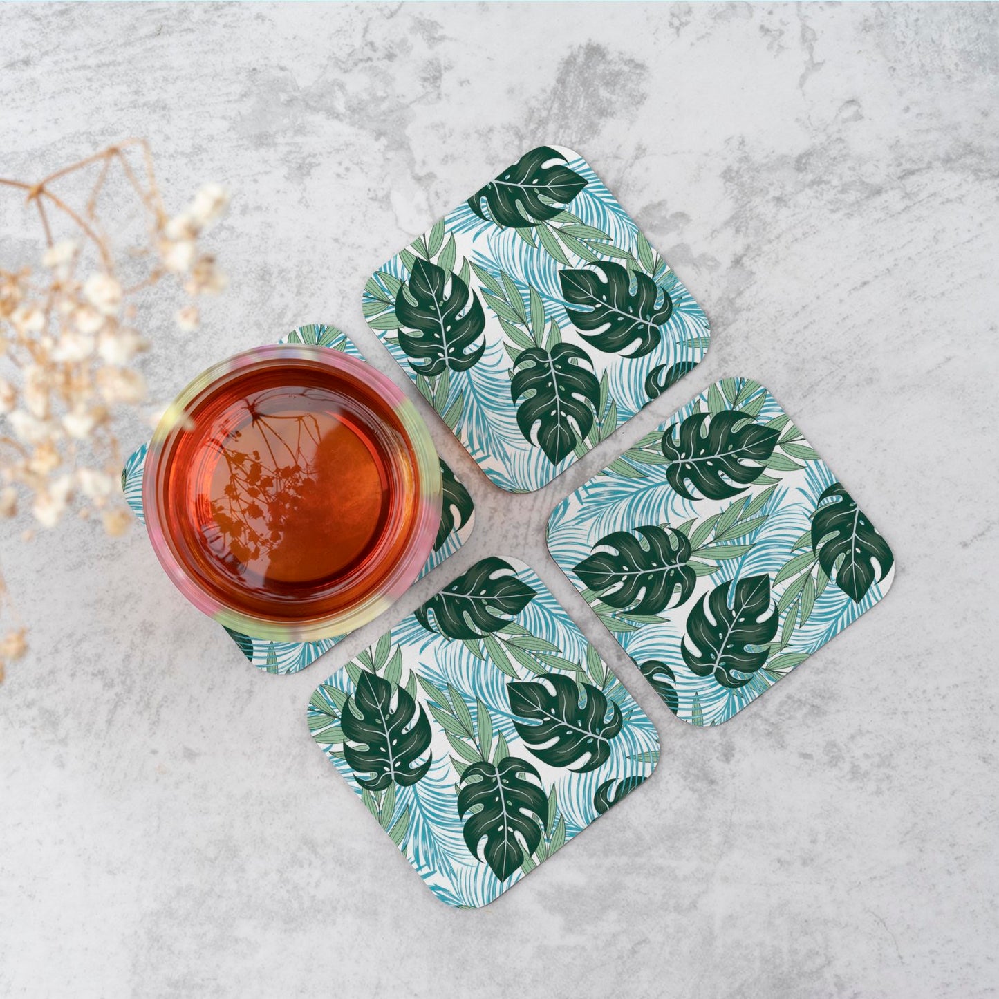 Tropical Pattern With Bright Plants And Flowers Coasters