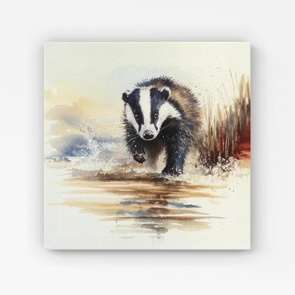 Wading Badger Watercolour Canvas