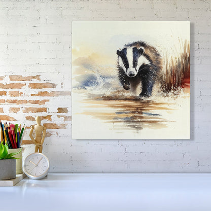 Wading Badger Watercolour Canvas