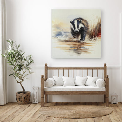 Wading Badger Watercolour Canvas