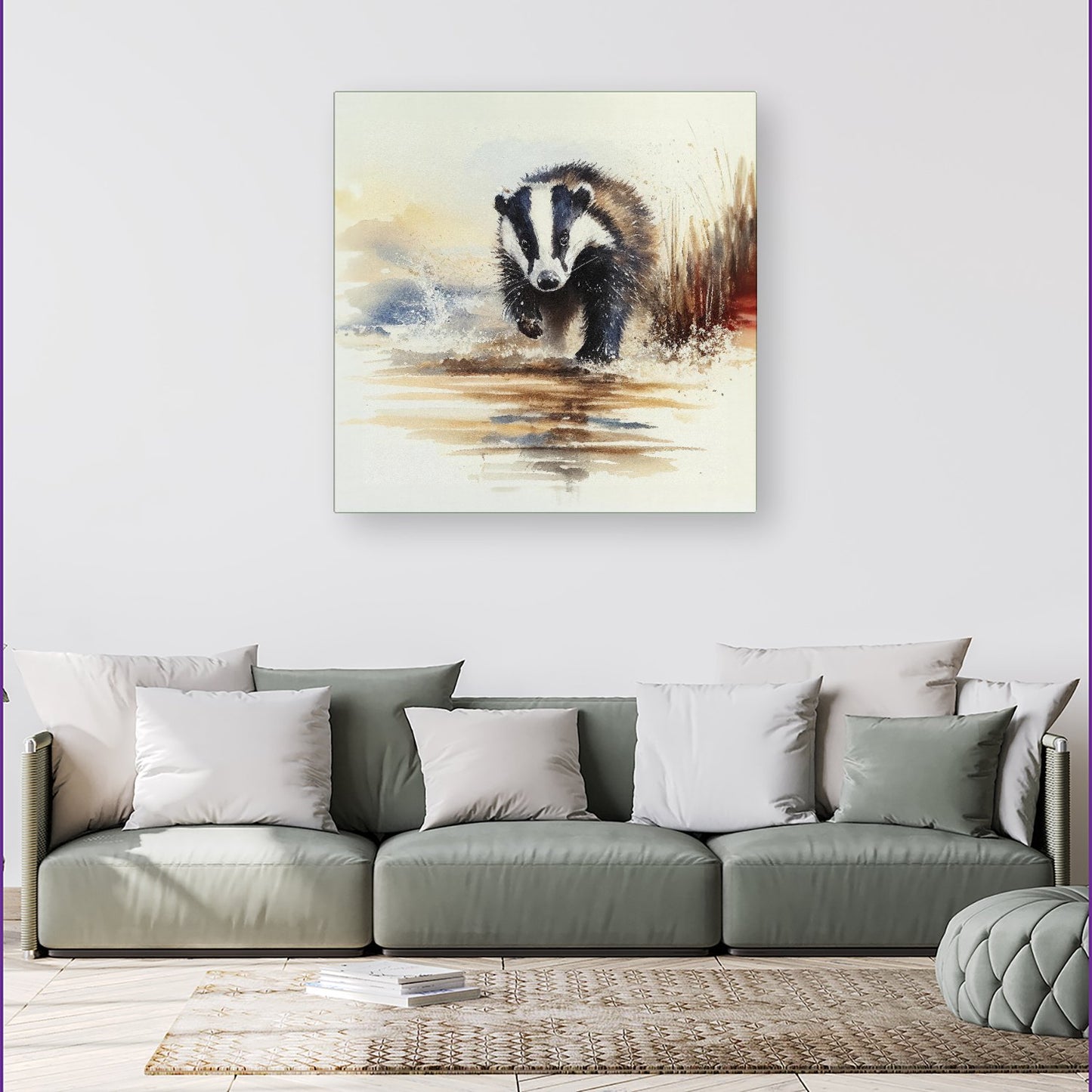 Wading Badger Watercolour Canvas