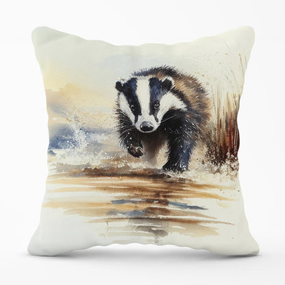 Wading Badger Watercolour Outdoor Cushion