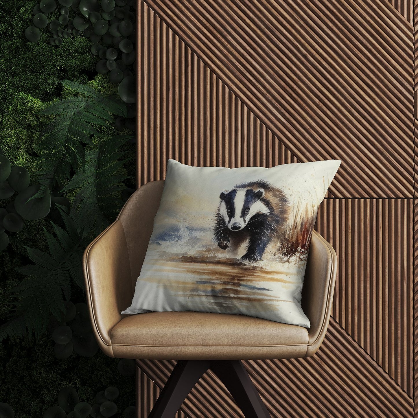 Wading Badger Watercolour Outdoor Cushion