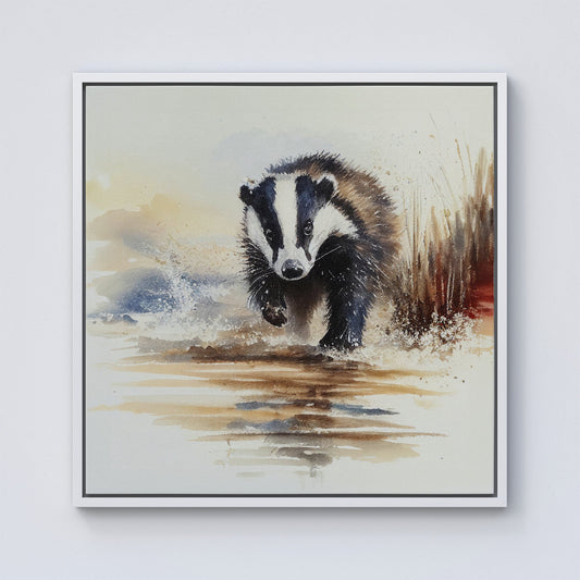 Wading Badger Watercolour Framed Canvas