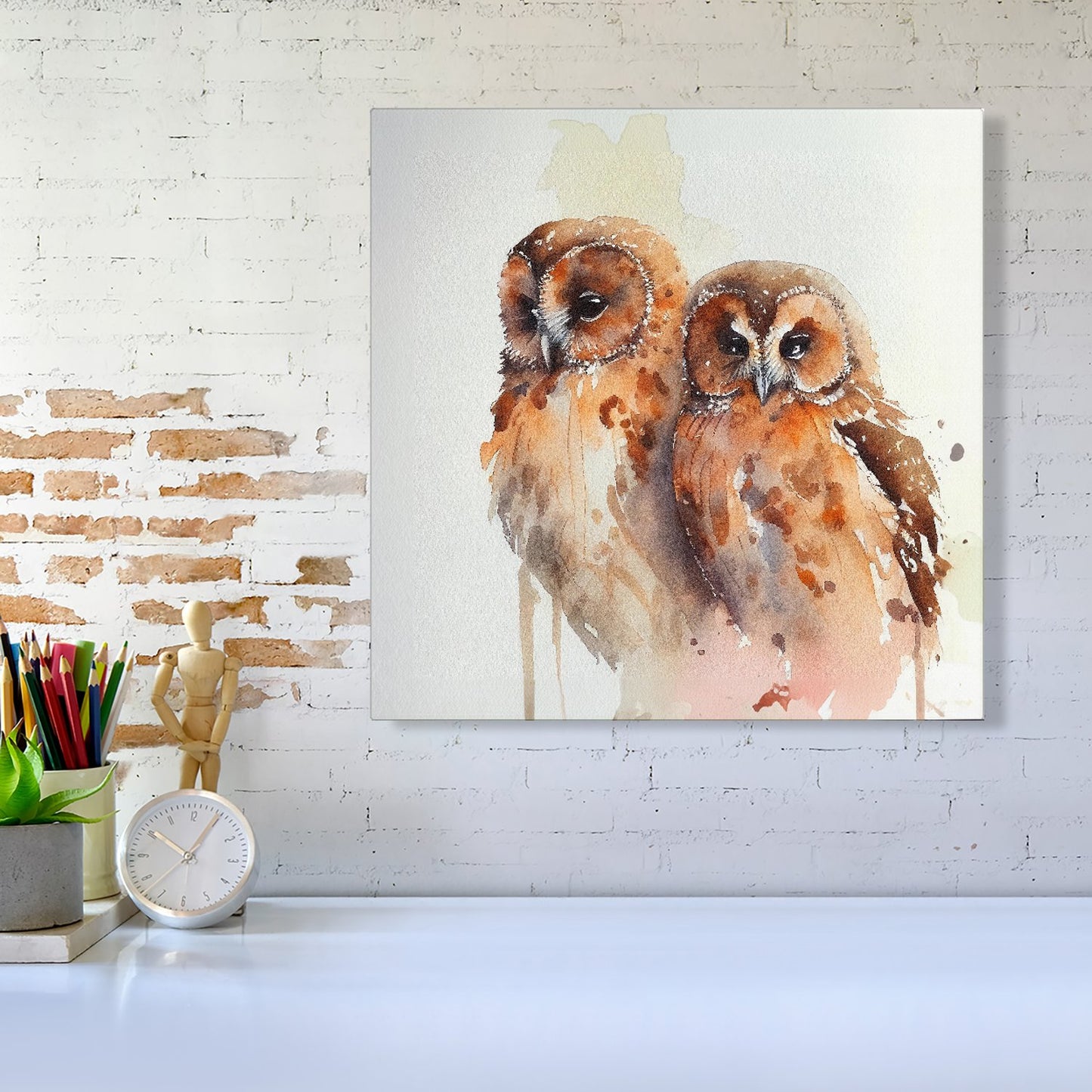 Loving Tawny Owls Watercolour Canvas