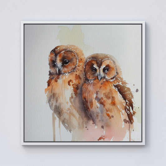 Loving Tawny Owls Watercolour Framed Canvas