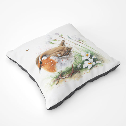 Robin And Daisies Watercolour Floor Cushion