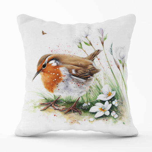 Robin And Daisies Watercolour Outdoor Cushion