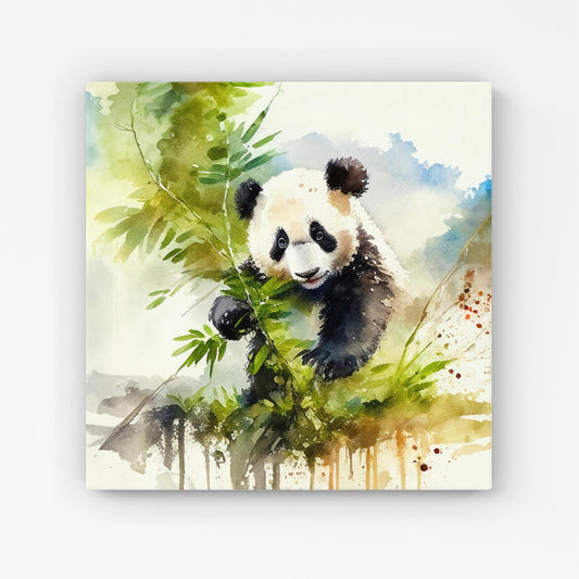 Panda Eating Bamboo Watercolour Canvas