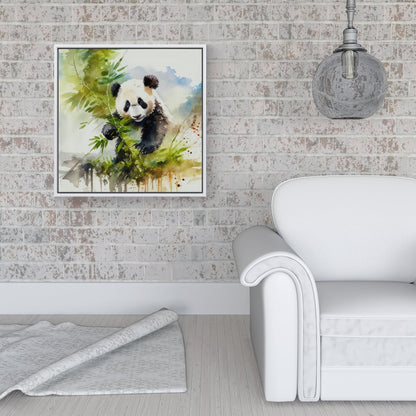 Panda Eating Bamboo Watercolour Framed Canvas