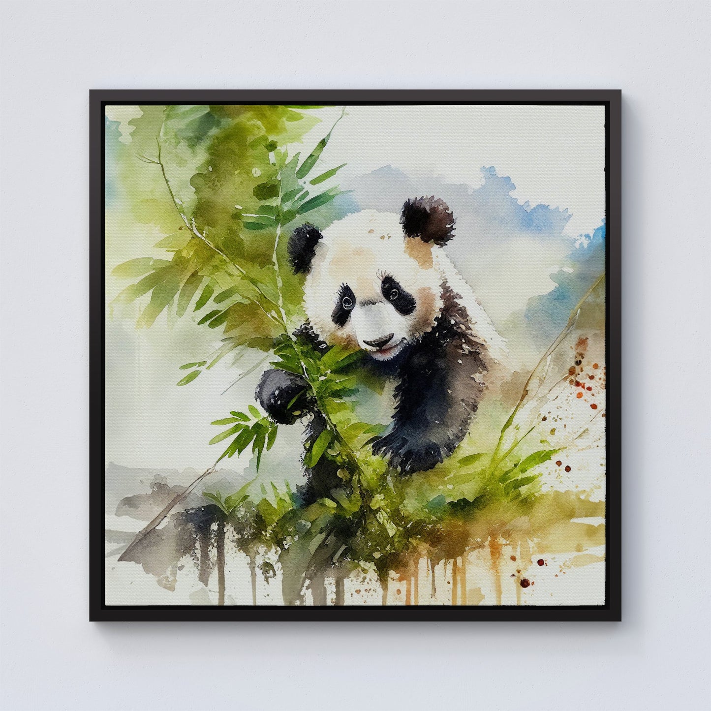 Panda Eating Bamboo Watercolour Framed Canvas