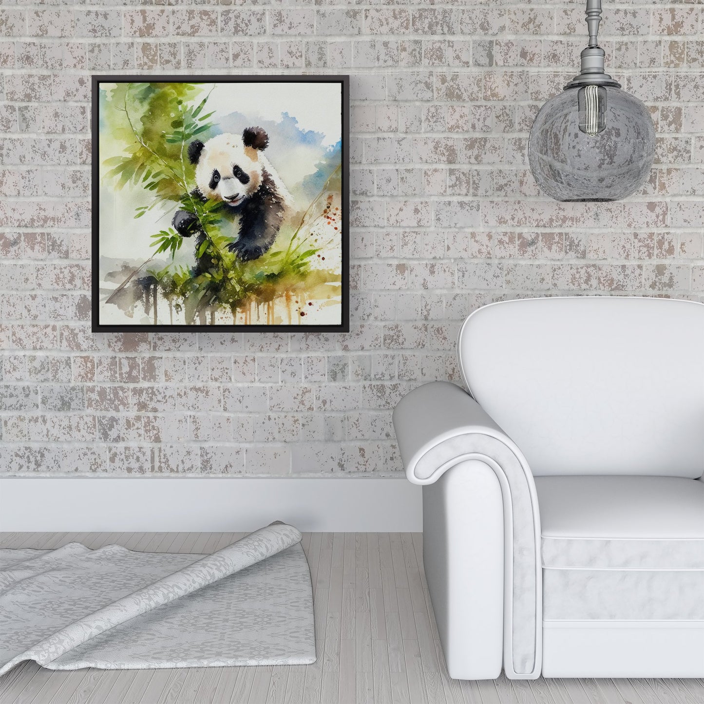 Panda Eating Bamboo Watercolour Framed Canvas