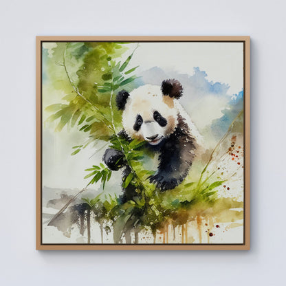 Panda Eating Bamboo Watercolour Framed Canvas