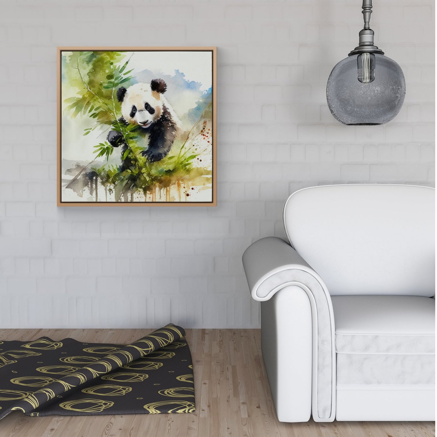 Panda Eating Bamboo Watercolour Framed Canvas