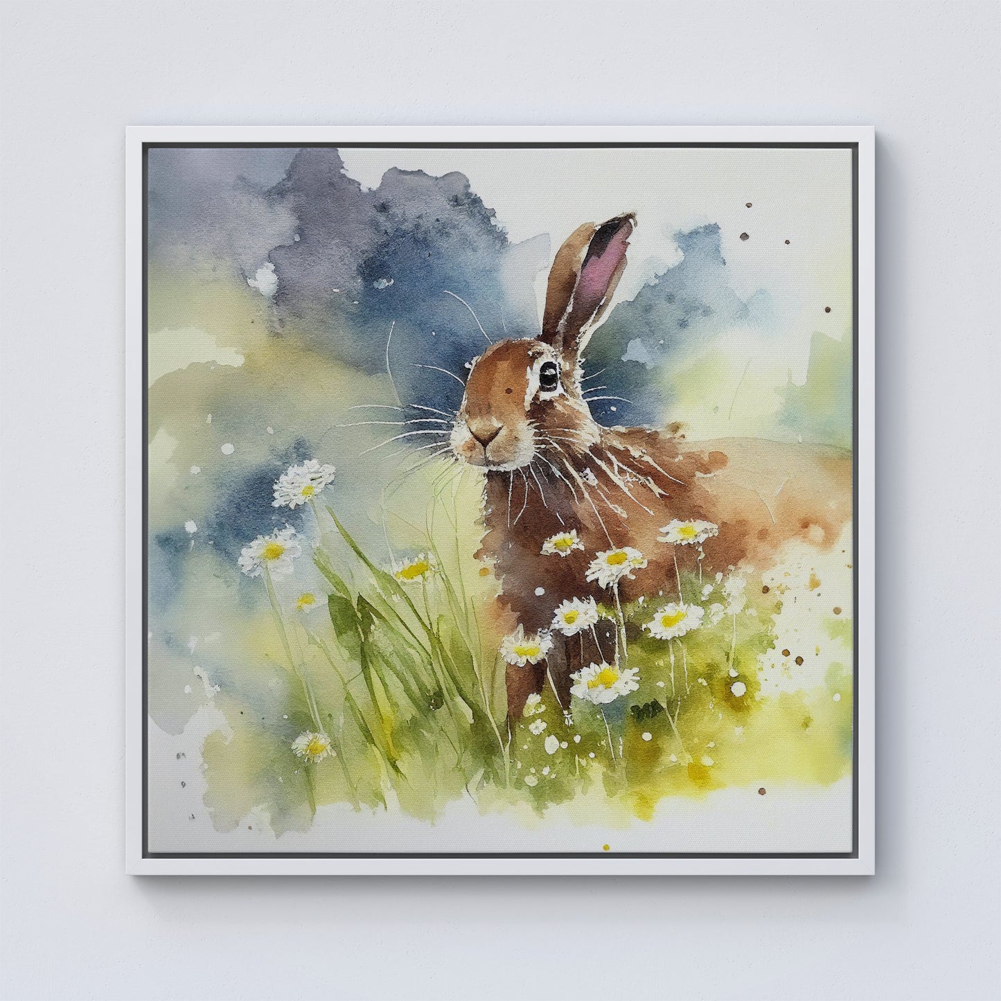 Hare And Daisies Watercolour Framed Canvas