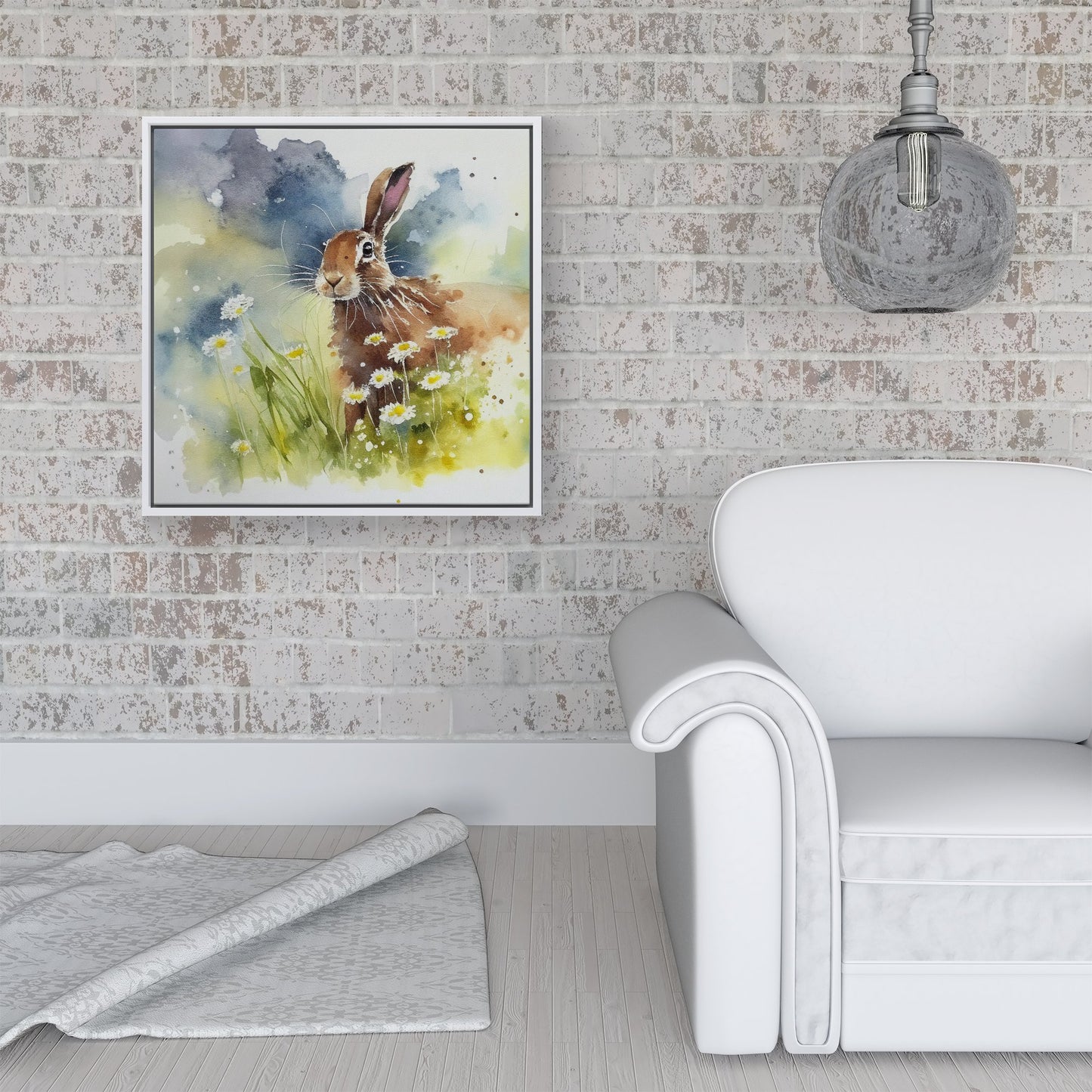 Hare And Daisies Watercolour Framed Canvas