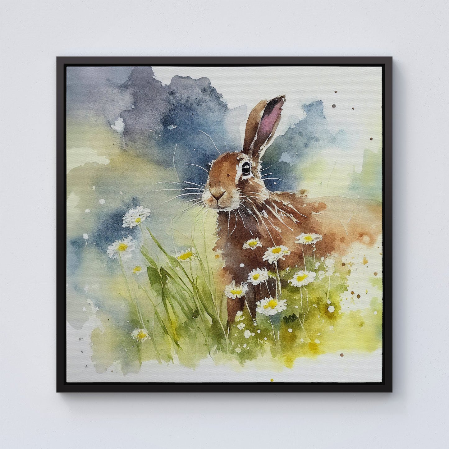 Hare And Daisies Watercolour Framed Canvas