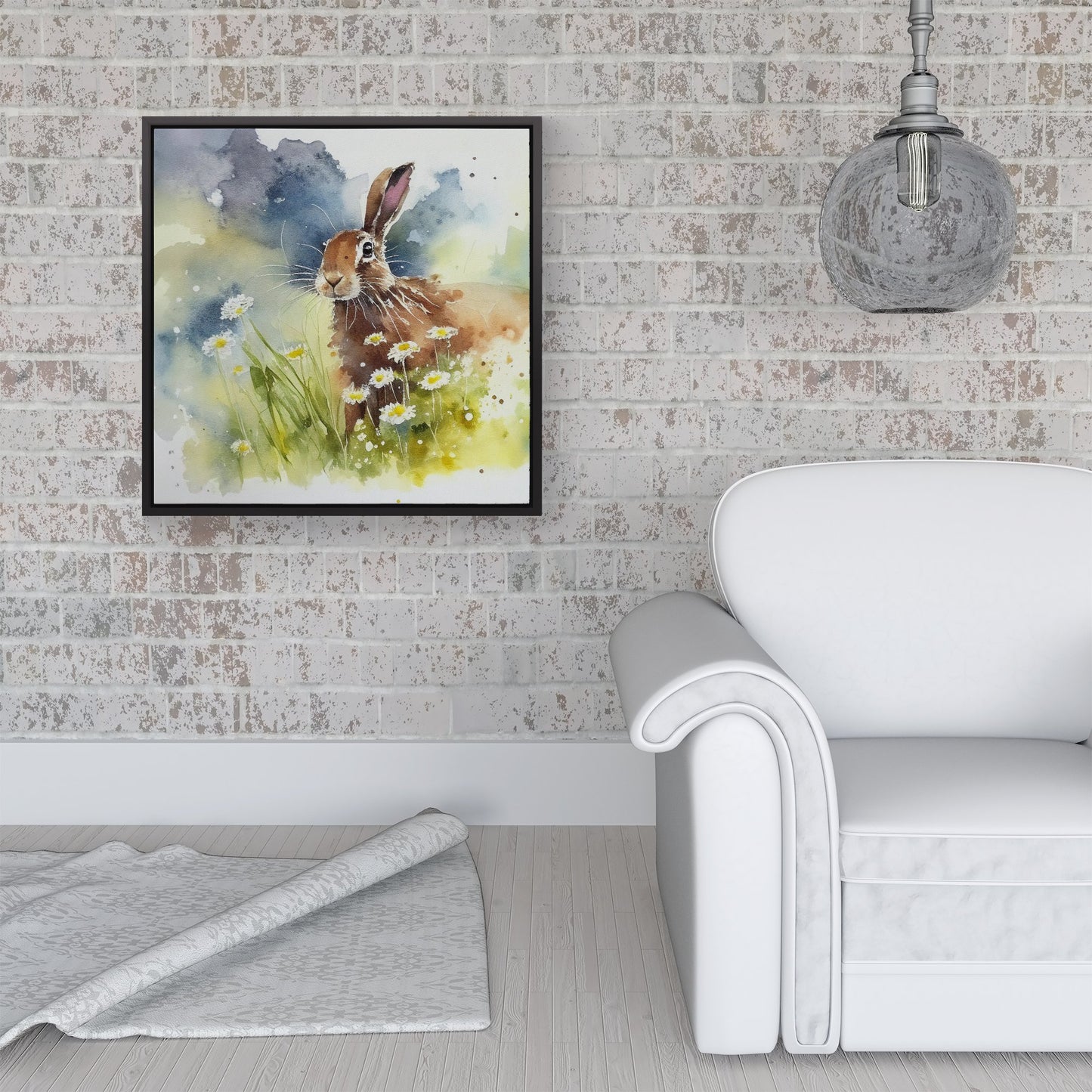 Hare And Daisies Watercolour Framed Canvas