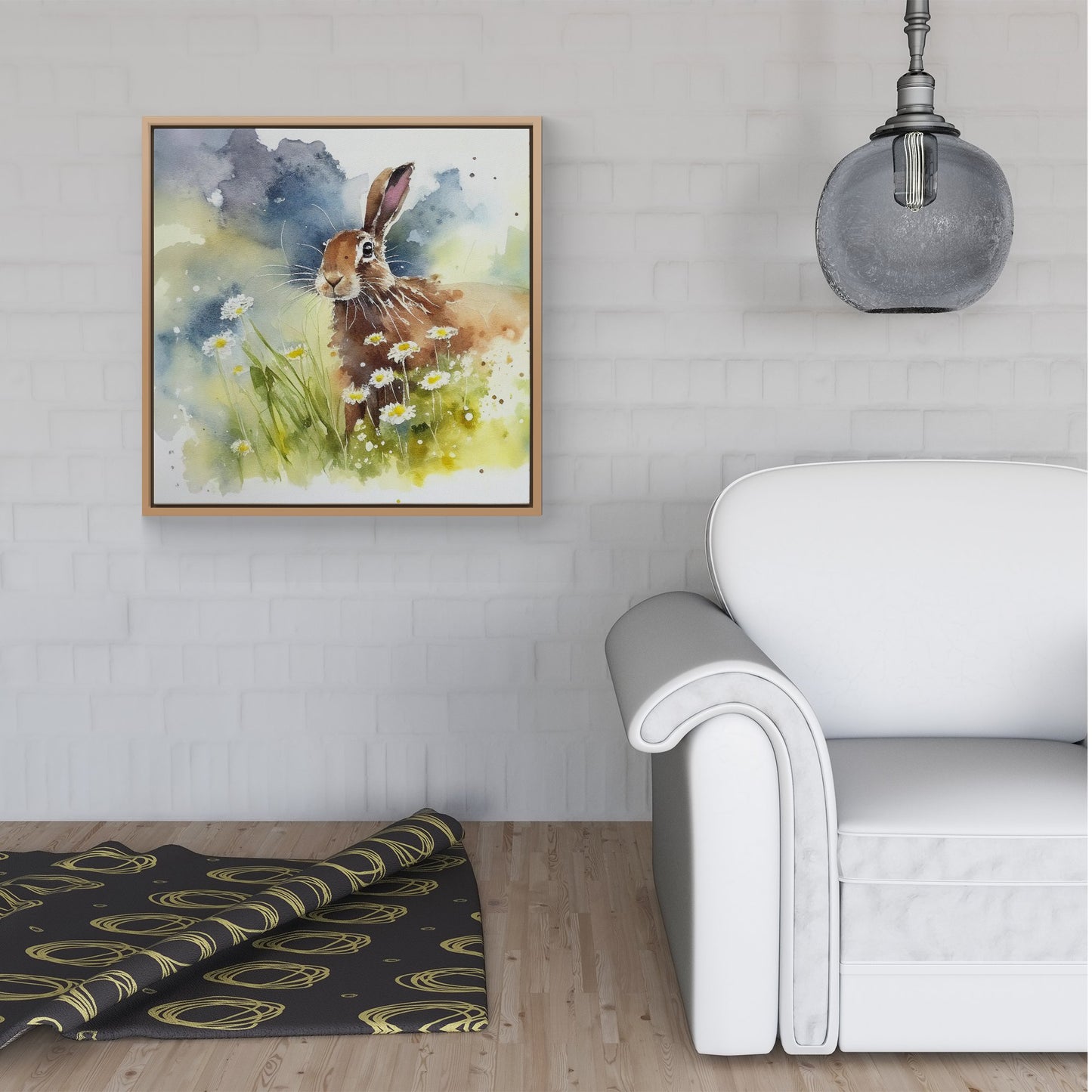 Hare And Daisies Watercolour Framed Canvas