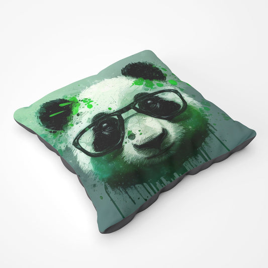 Panda With Glasses, Green Splashart Floor Cushion