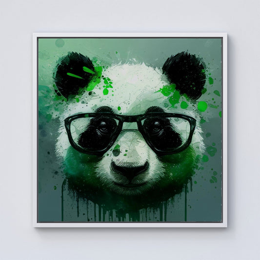 Panda With Glasses, Green Splashart Framed Canvas