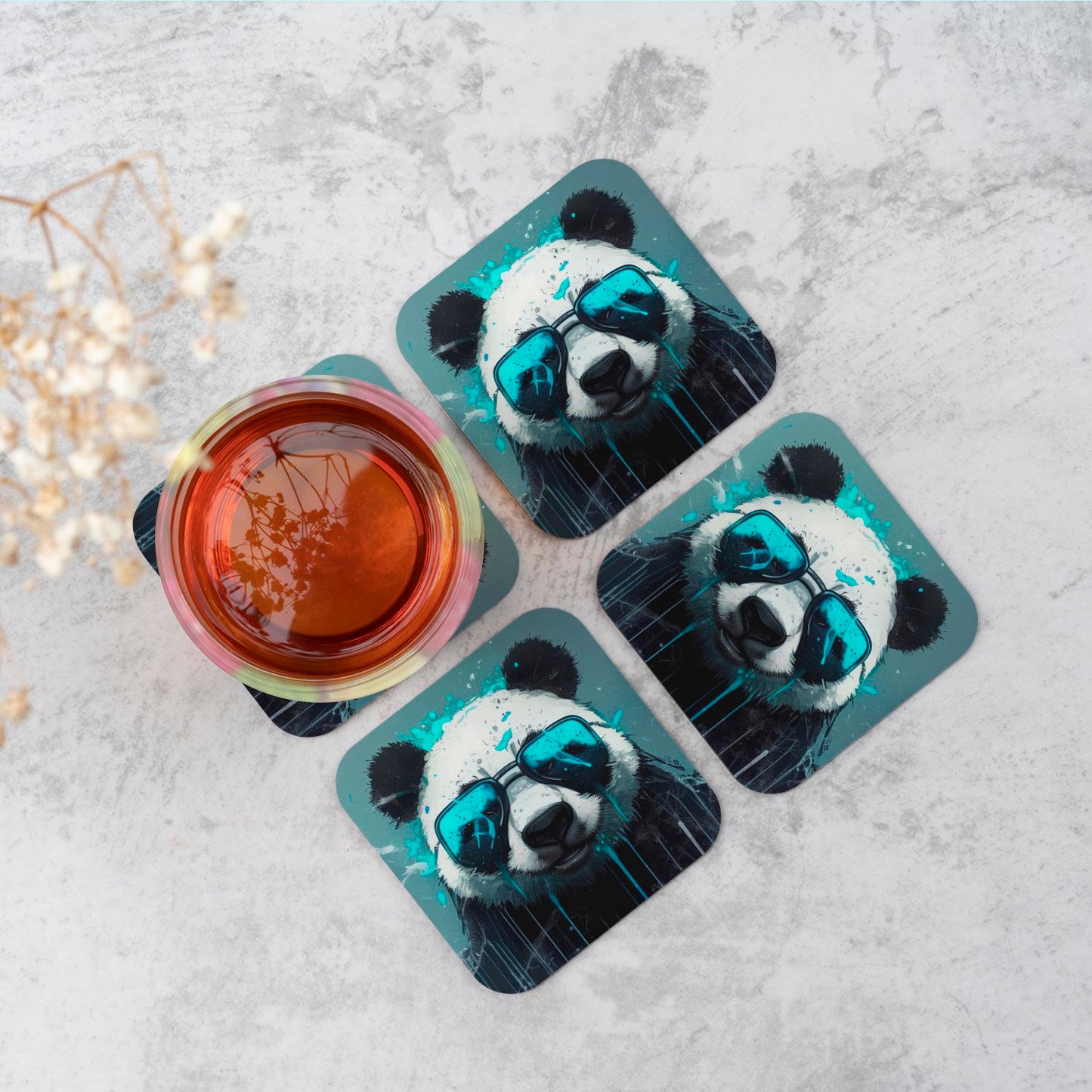 Panda With Blue Glasses Splashart Coasters