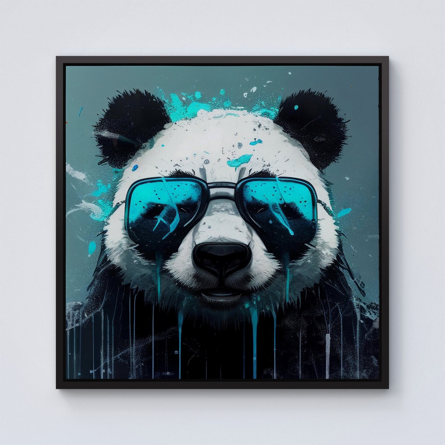 Panda With Blue Glasses Splashart Framed Canvas