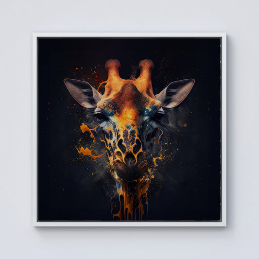 Golden Giraffe Face Splashart Framed Canvas