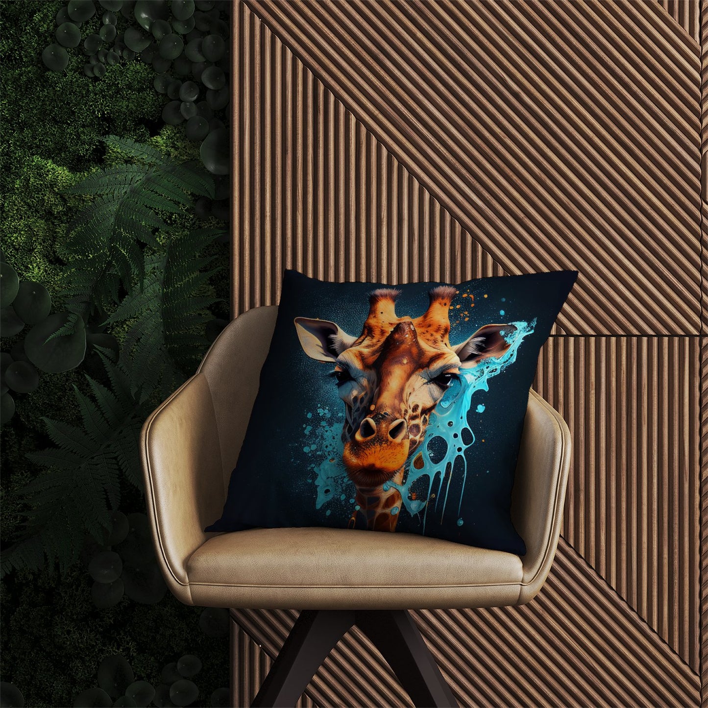 Blue Giraffe Face Splashart Outdoor Cushion