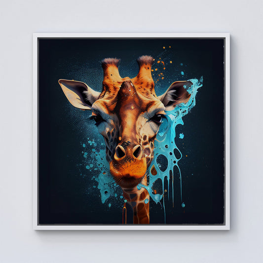 Blue Giraffe Face Splashart Framed Canvas