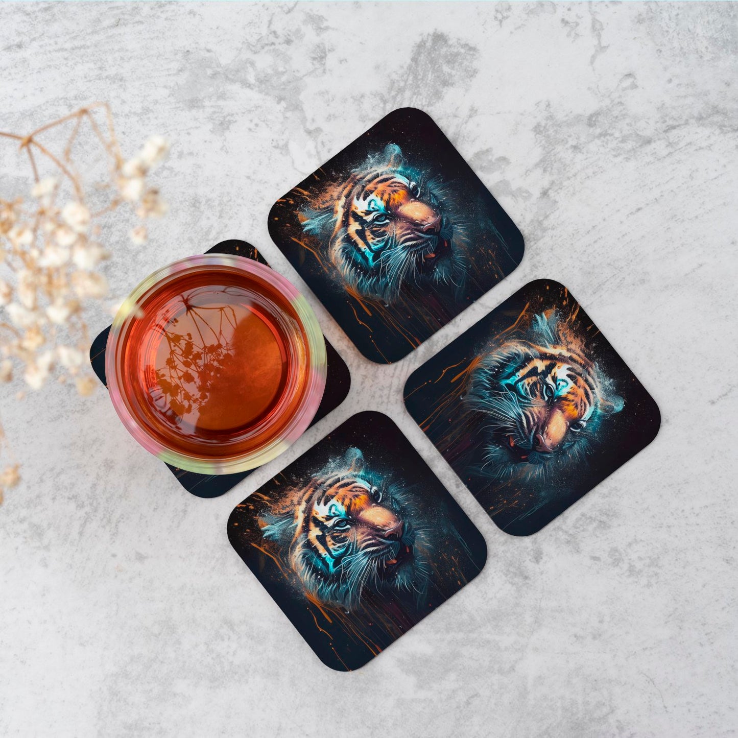 Tiger Face Splashart Dark Background Coasters