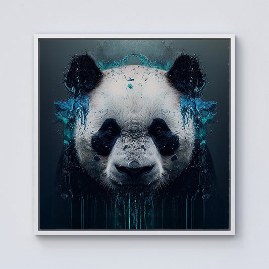 Panda Face Splashart Dark Background Framed Canvas