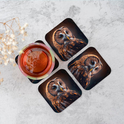 Tawny Owl Face Splashart Dark Background Coasters