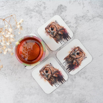 Tawny Owl Face Splashart Light Background Coasters