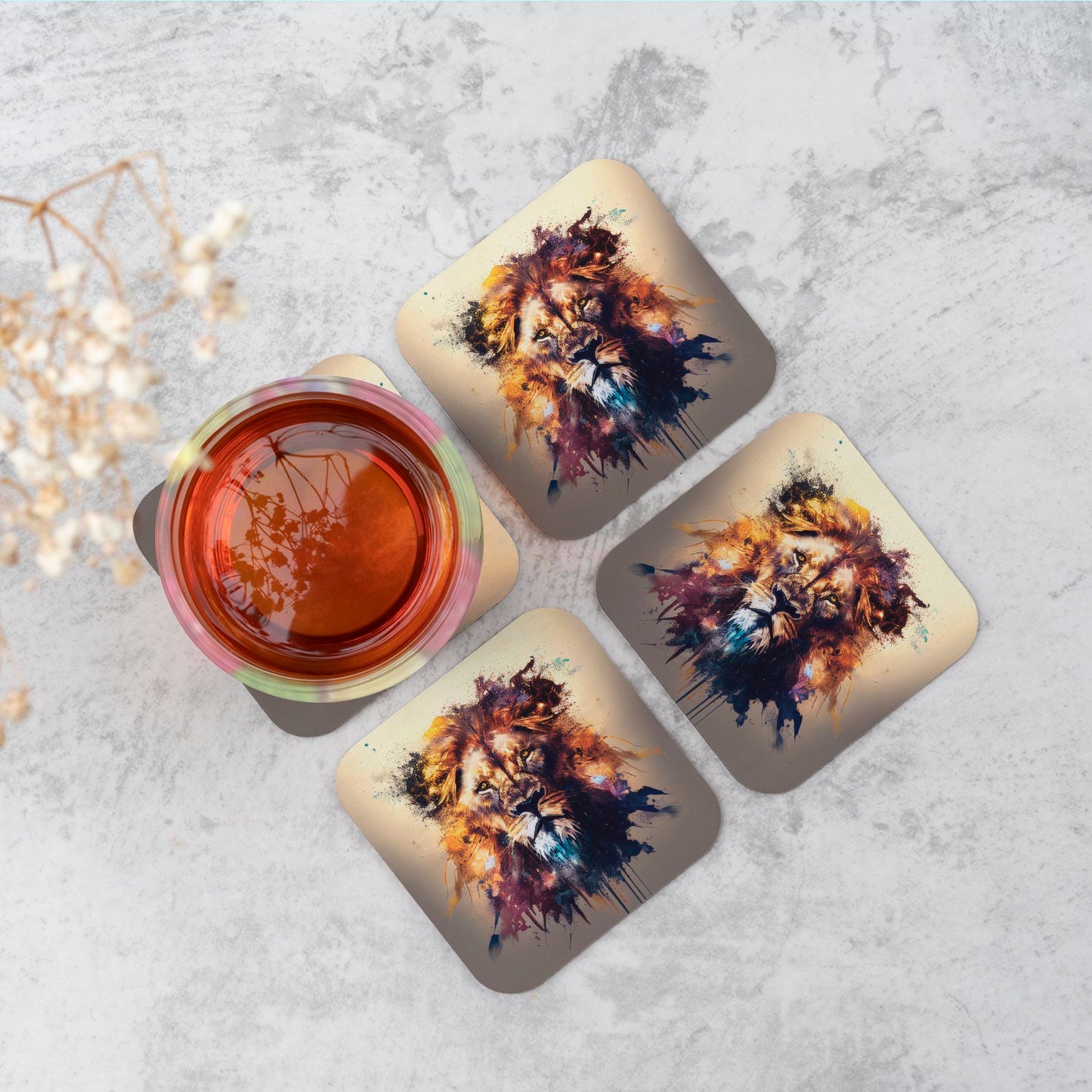 Majestic Lion Face Splashart Coasters