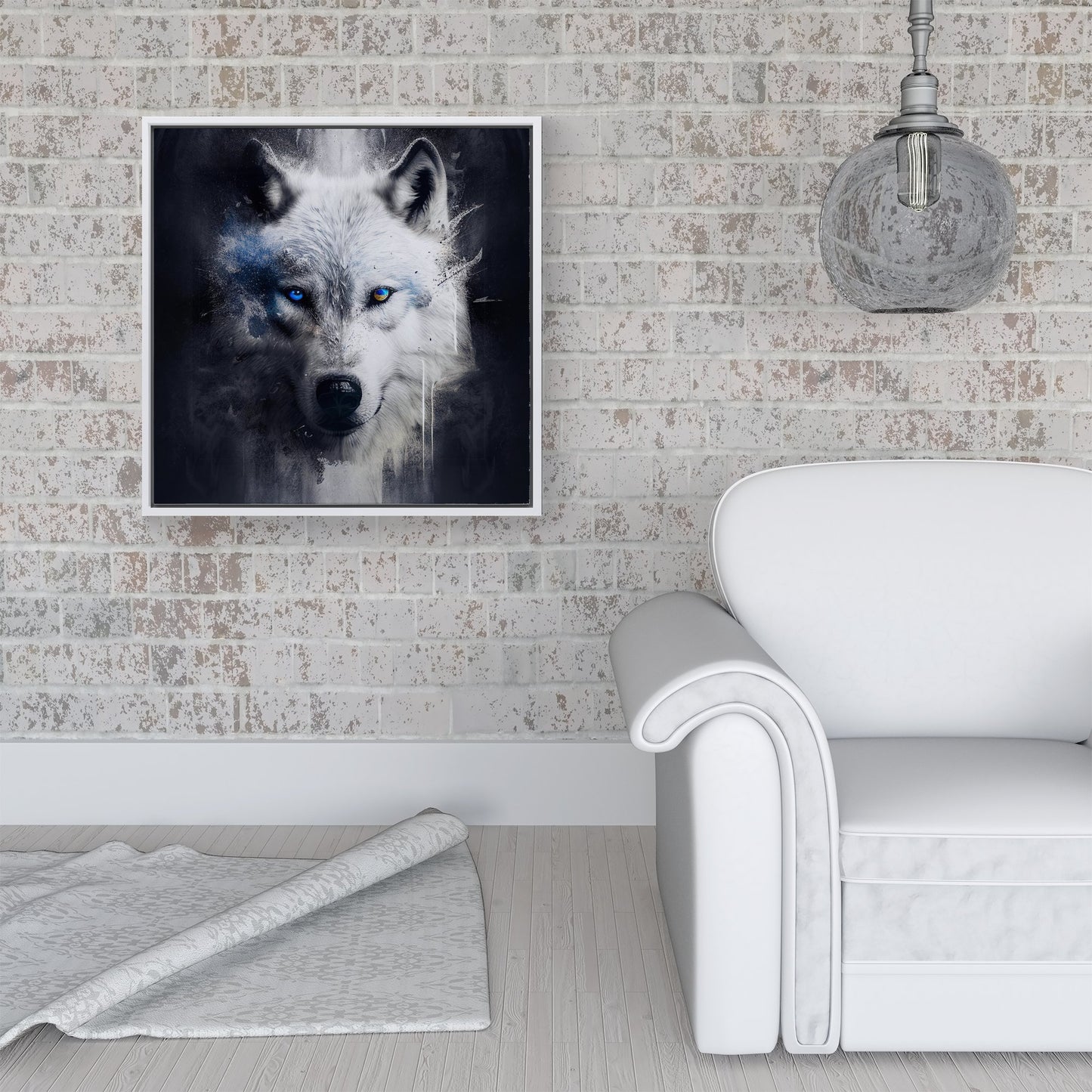 White Wolf Face Splashart Dark Backgrouns Framed Canvas