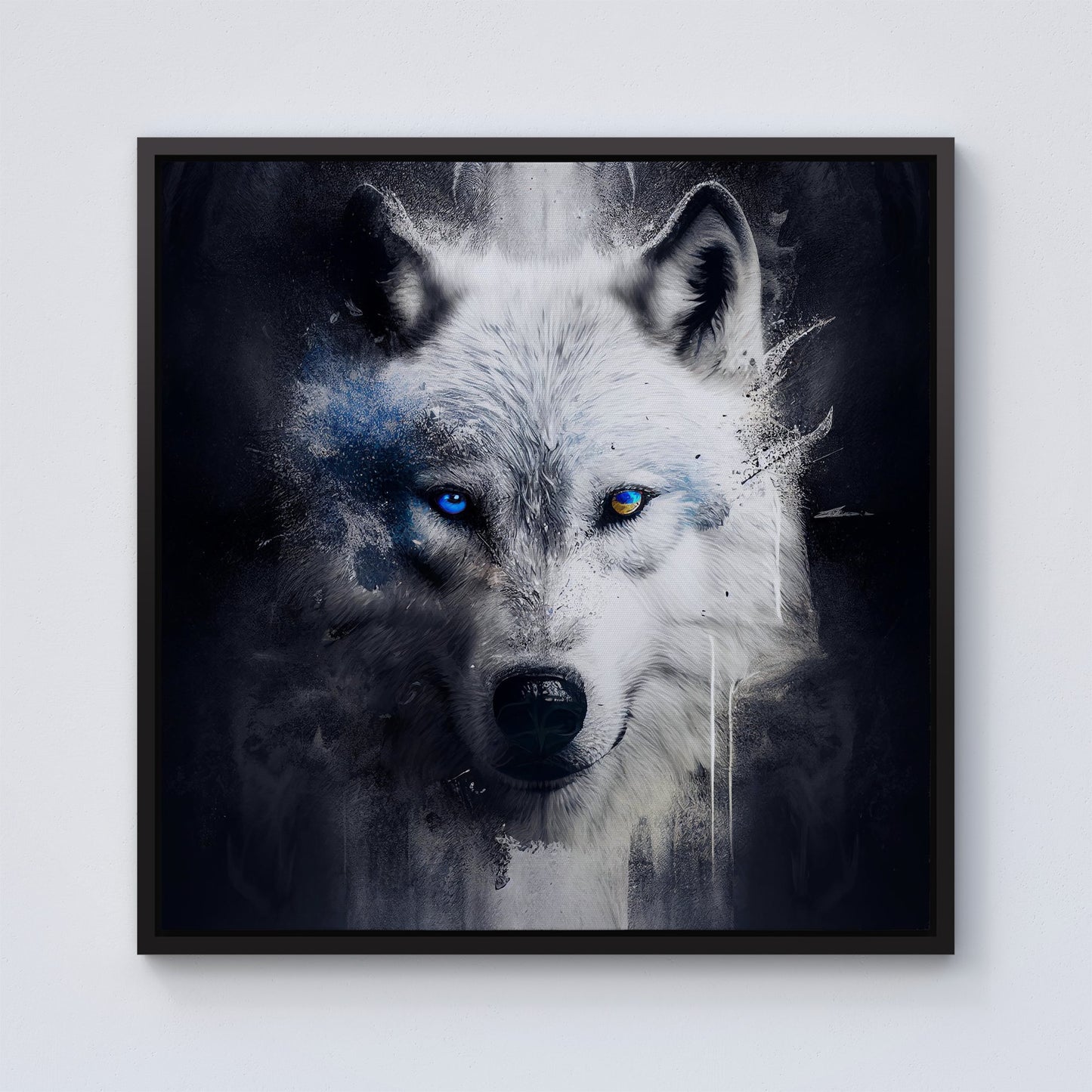 White Wolf Face Splashart Dark Backgrouns Framed Canvas