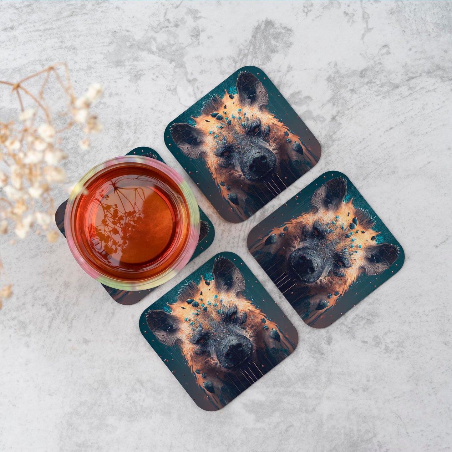 Hyena Face Splashart Dark Background Coasters