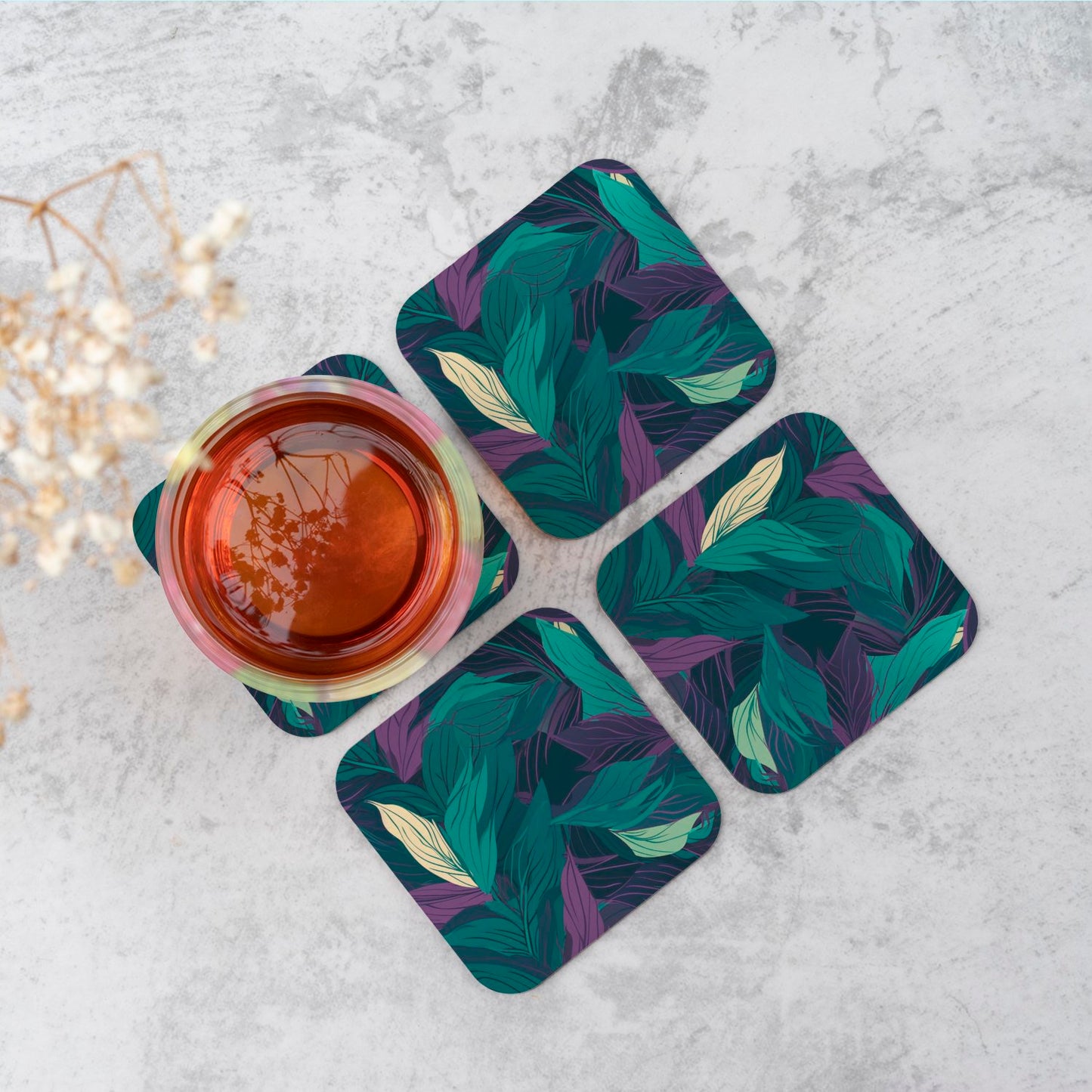 Green Purple Tropical Leaves Coasters