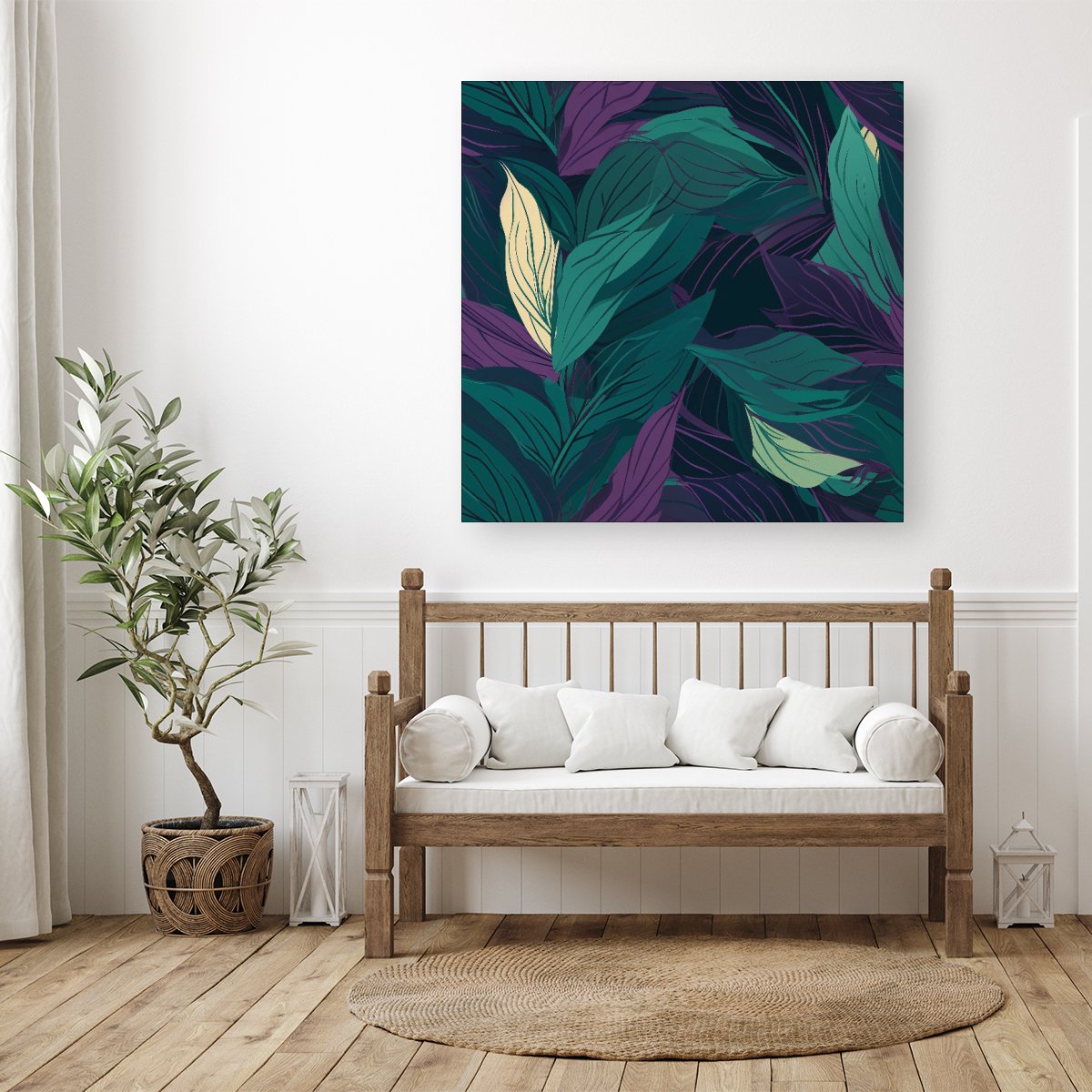 Green Purple Tropical Leaves Canvas